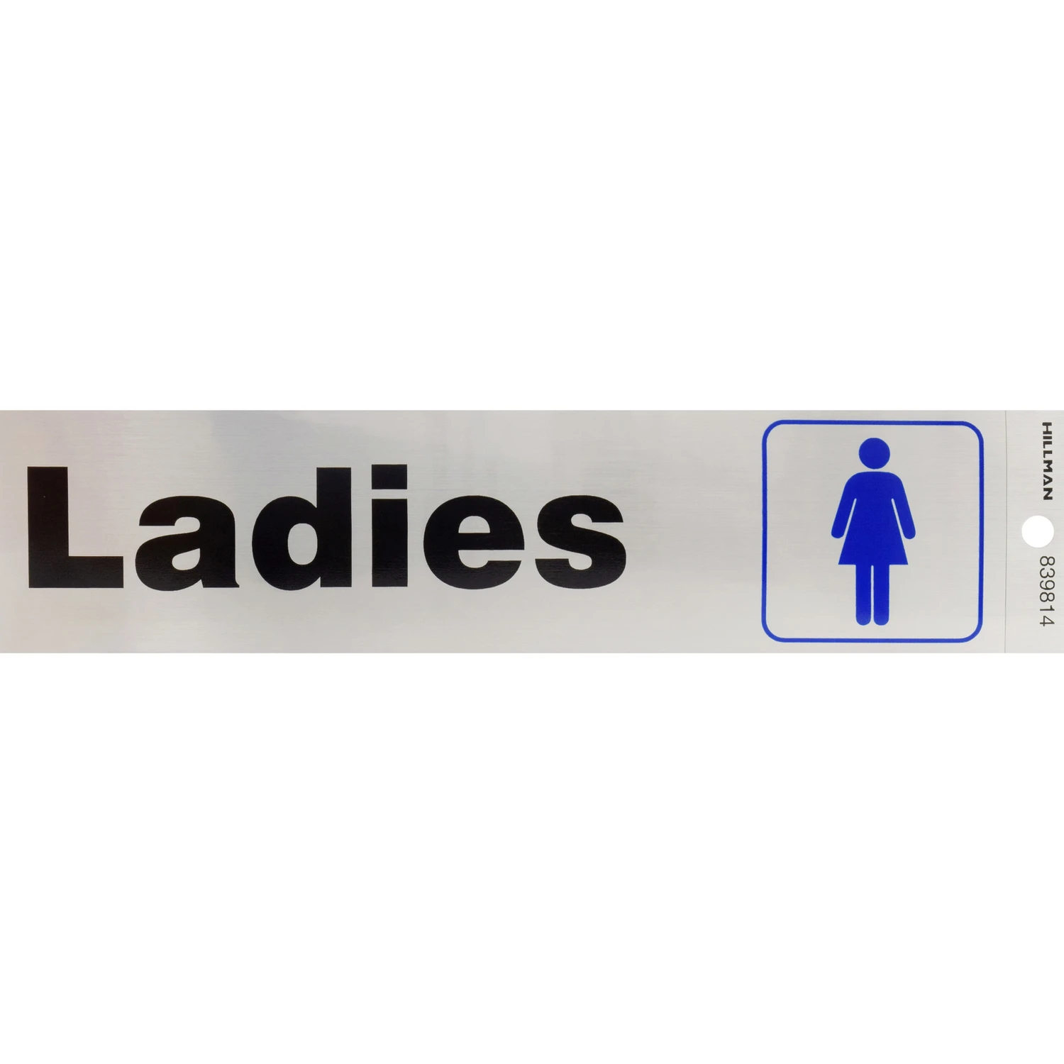 Ladies Room Sign with Black and Blue Lettering on Nickel Backing, 2 by 8 Inches