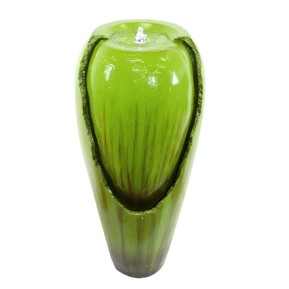 32 Inch Tall Water Jar Fountain With Led Light - Green