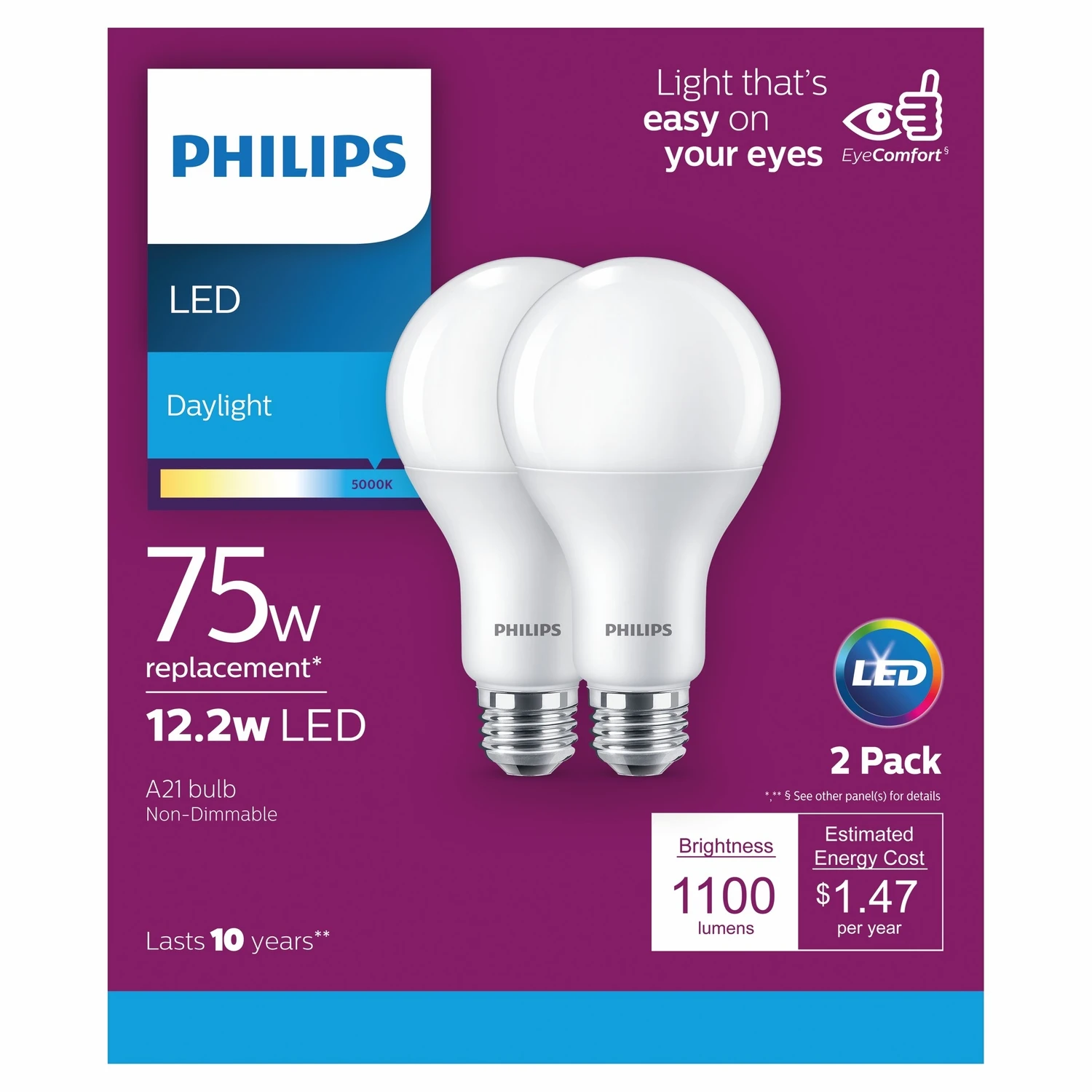 Philips 75W Equivalent Daylight A19 Medium LED Light Bulb (2-Pack)