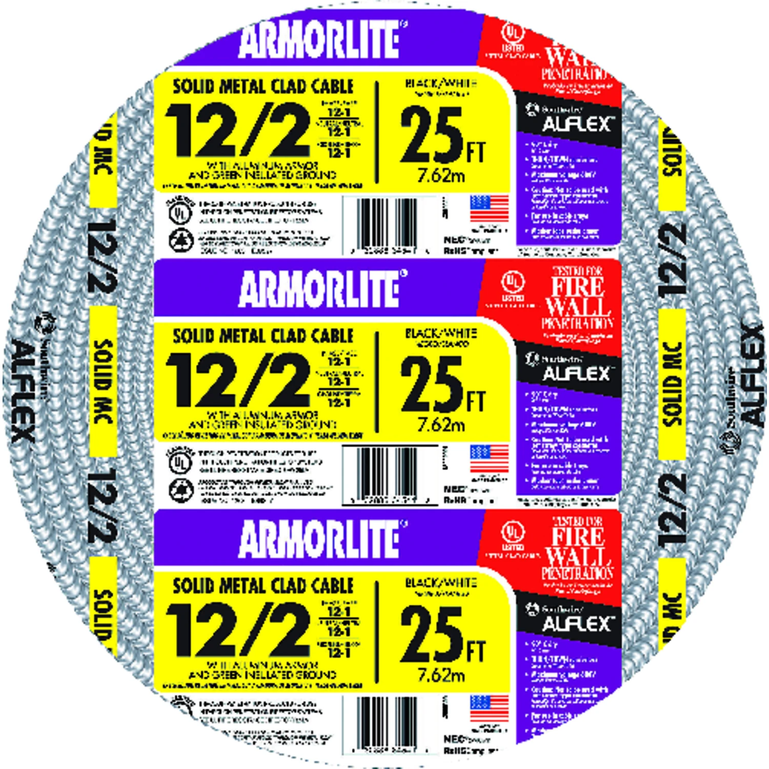 25 Ft. 12/2 Solid Aluminum Armored Mc Cable - Ul Listed