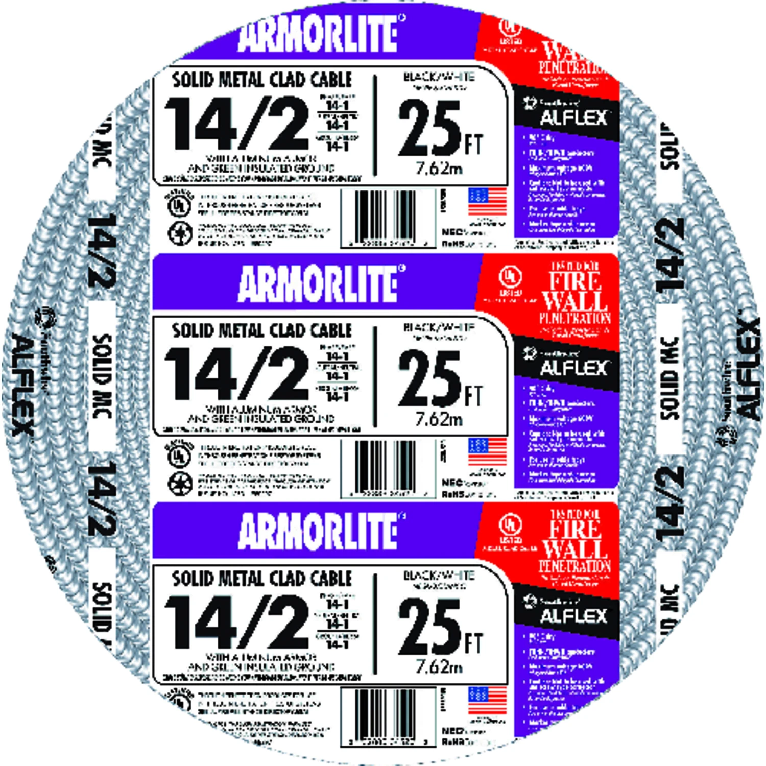 Flexible Aluminum Metal Clad Conduit with THHN Wire, 14 Gauge 2 Conductor, 25 Feet