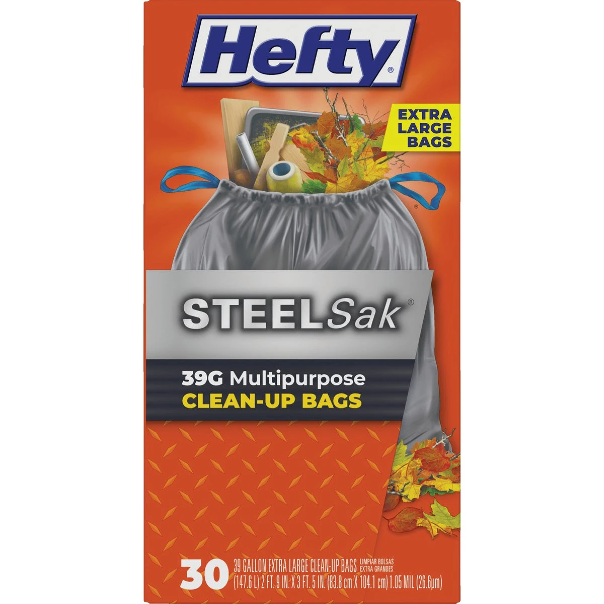 Steel Sak Heavy-Duty Drawstring Contractor CleanUp Trash Bags, Gray, 39 Gallons, 30-Ct.