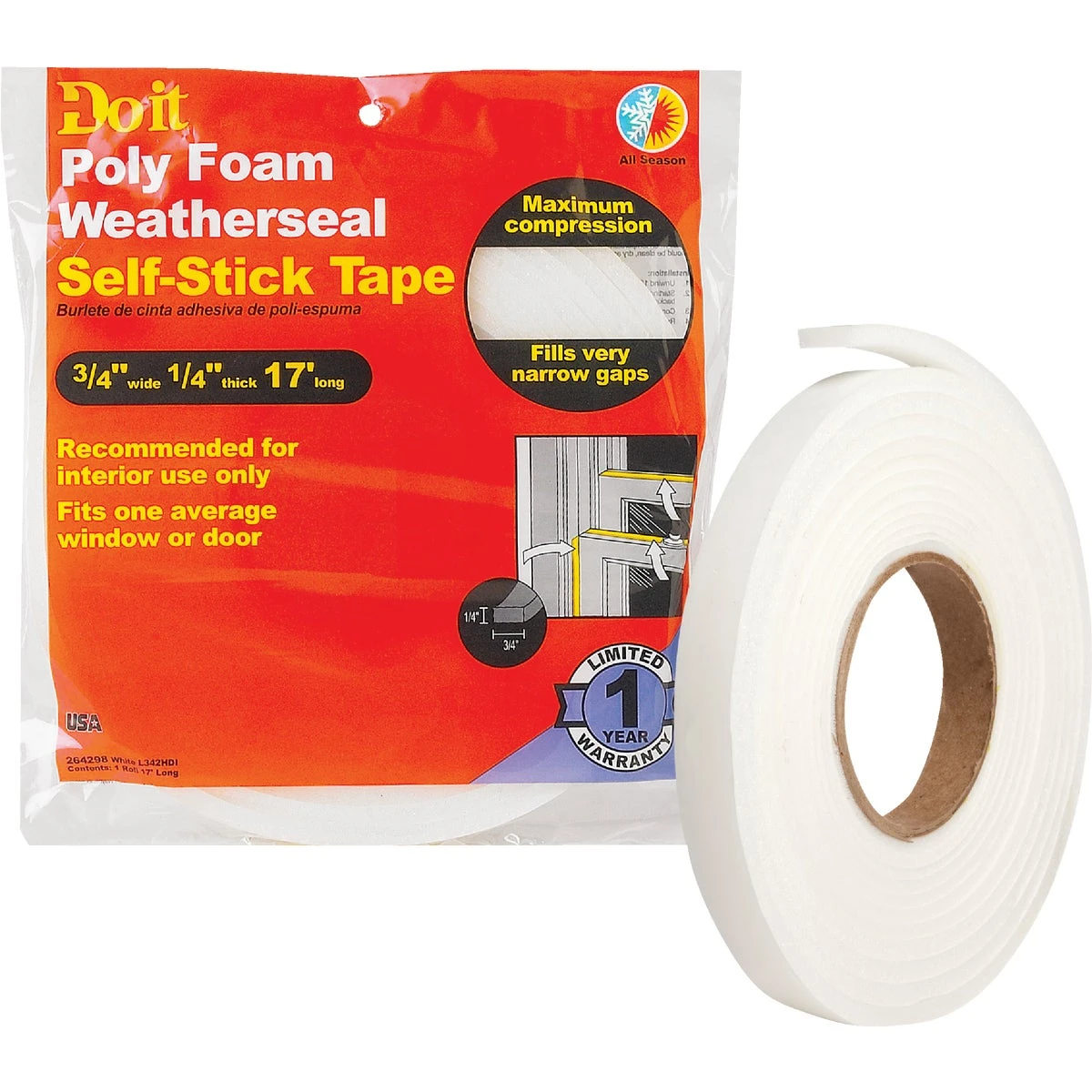 3/4" W X 1/4" T X 17' L White Foam Weatherstrip Tape L342hdi