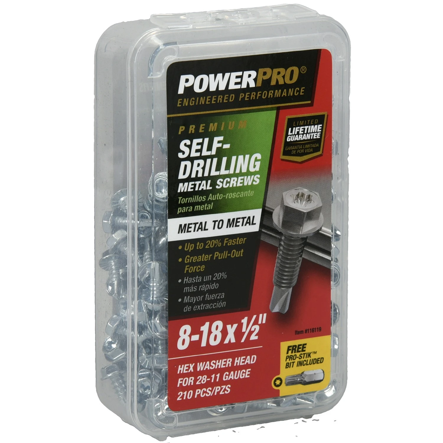Powerpro Metal Screws, Self-Drilling, Hex Washer Head, #8-18 x 1/2 In., 210-Ct.