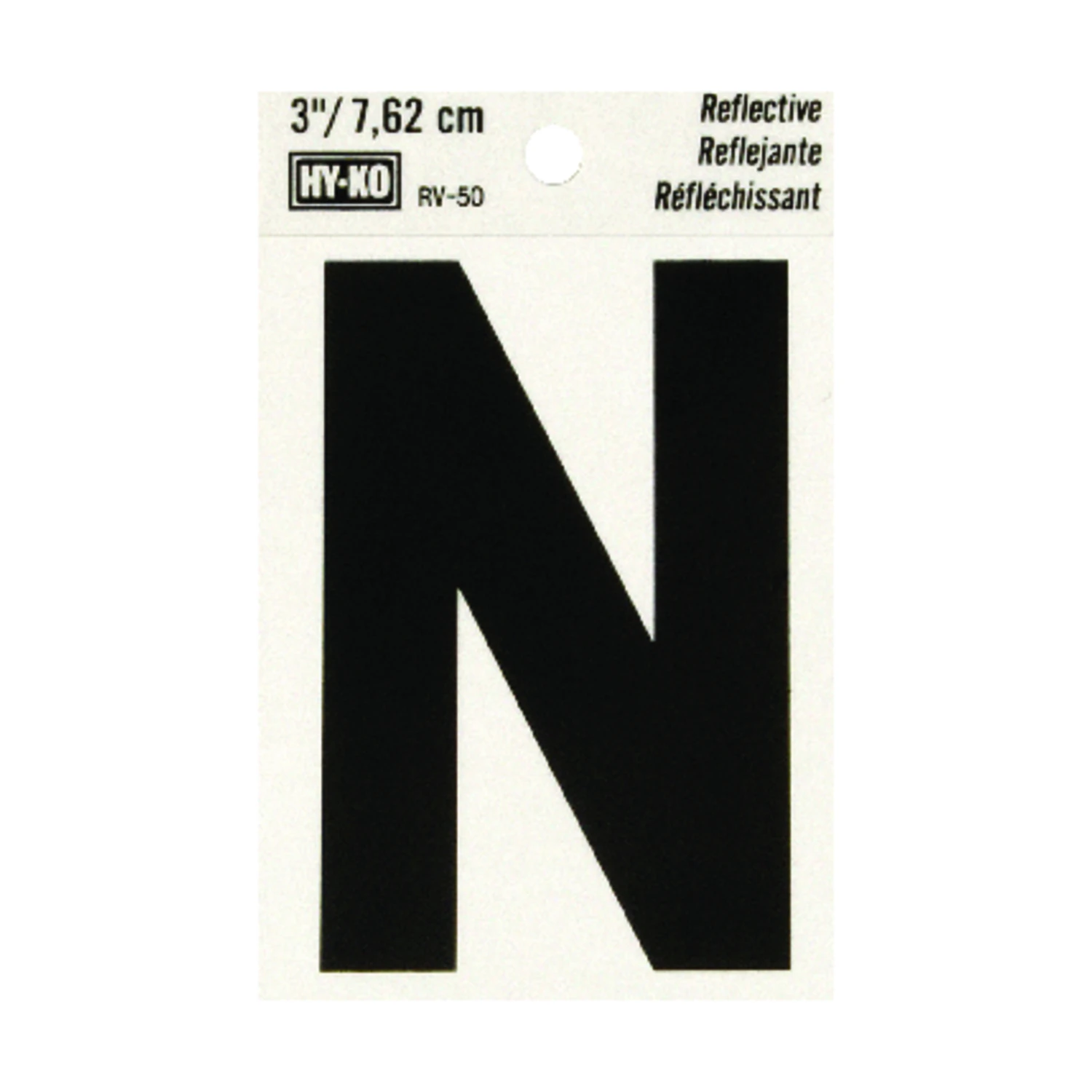 Hy-Ko RV-50/N Reflective Letter, 2-1/2 in W x 4 in H Dimensions, Character: N, 3 in H Character, Black Character, Vinyl