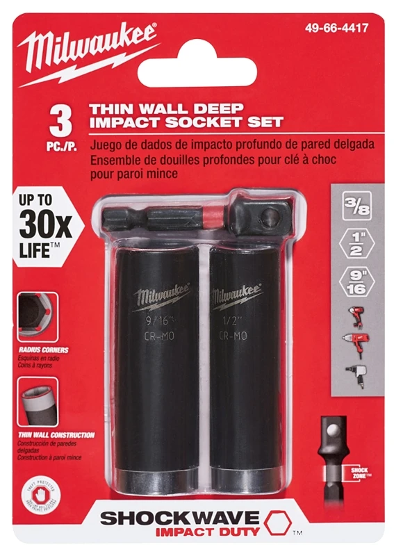 Milwaukee Shockwave 1/2 in. X 3/8 in. drive SAE 6 Point Impact Rated Deep Socket Set 3 pc