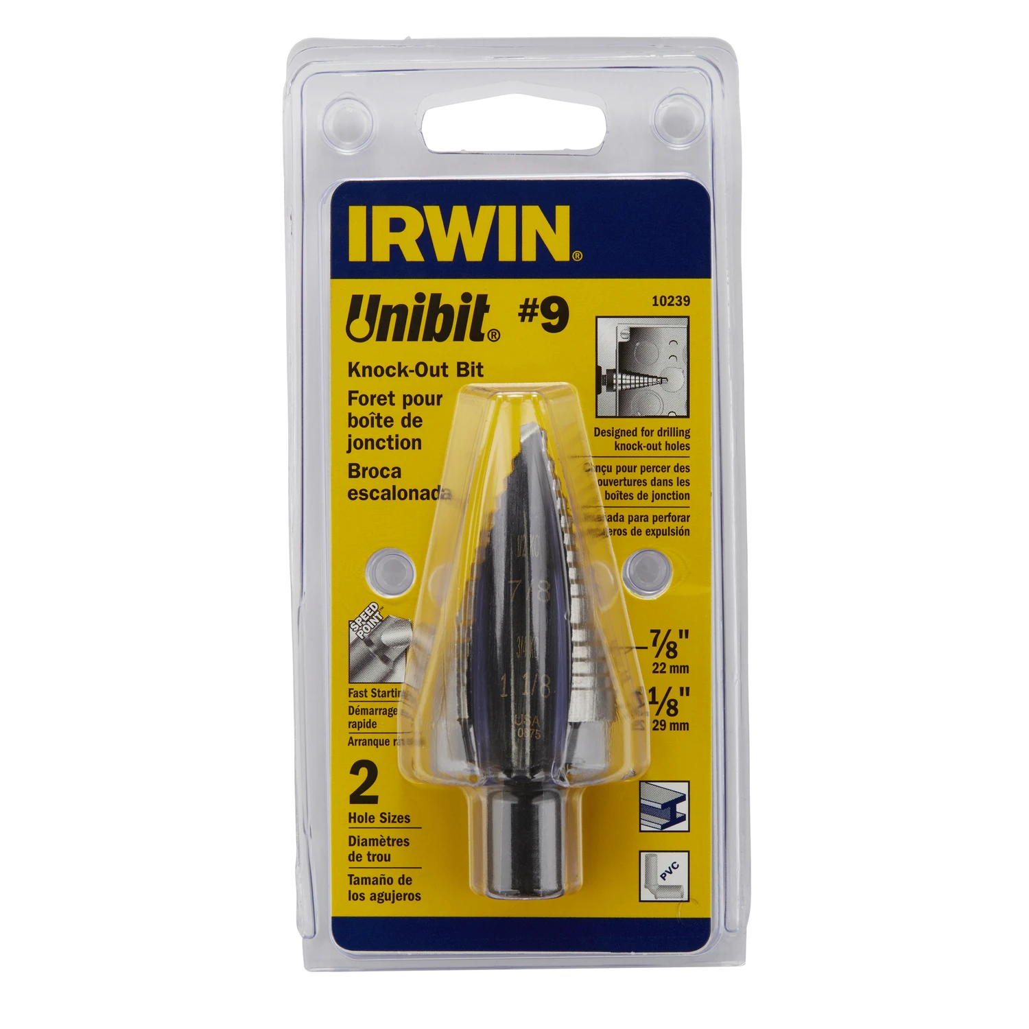 Unibit #9 Step Drill Bit, 7/8 In. & 1-1/8 In., 2 Steps, High Speed Steel