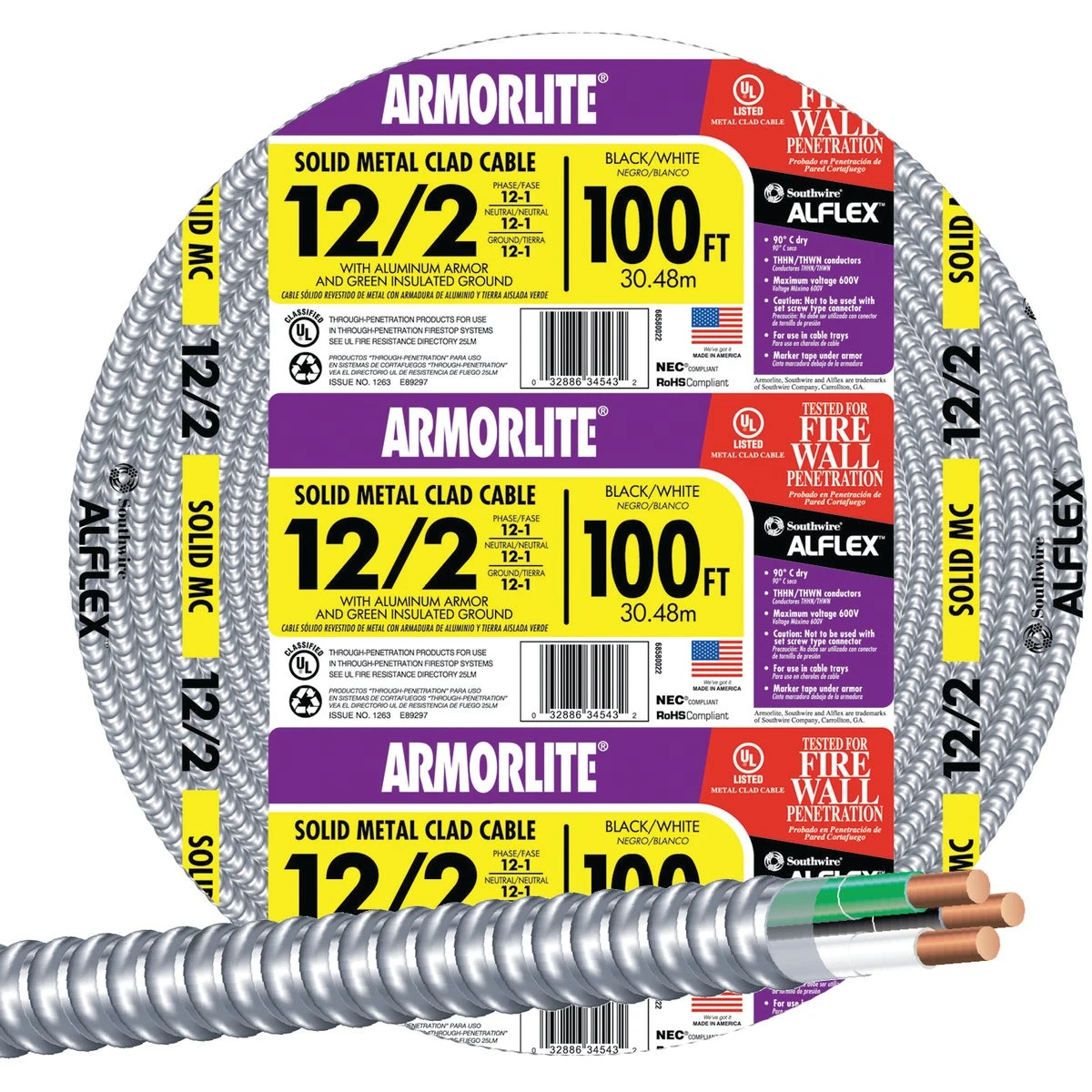 100 Ft. 12/2 Mc Armored Cable With Green Ground Wire