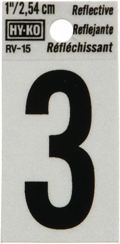 1 In. Reflective Black Vinyl Self-adhesive Number 3 On 2 In. Panel