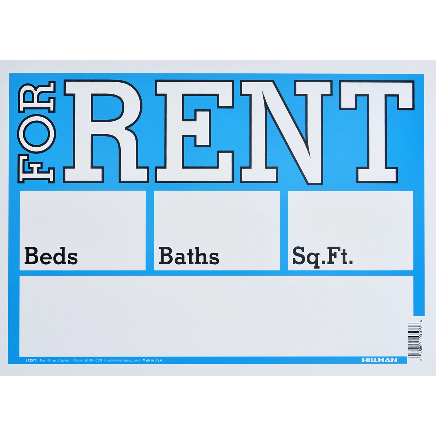 For Rent Sign, Blue and White, 10 x 14-In.