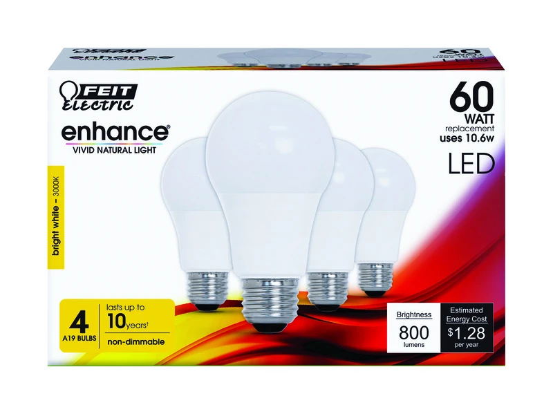 Feit Enhance A19 E26 (Medium) LED Bulb Bright White 60 Watt Equivalence 4 pk
