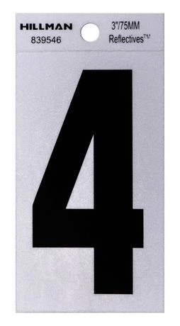 Reflective Adhesive House Address Number 4, Thin Cut, Black Vinyl, 3-inch
