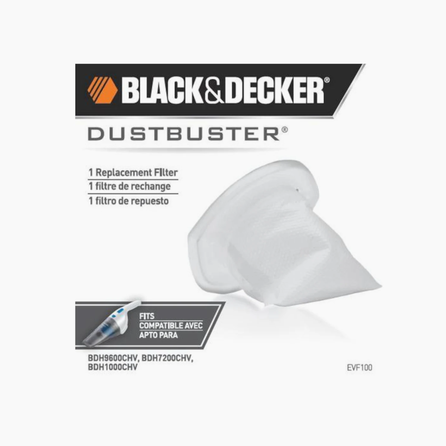Black+decker Evf100 Washable Vacuum Filter For Handheld Vacuums, 1 Pk, Compatible With Bdh7200chv & Bdh9600chv