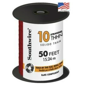 10 Awg Stranded Building Wire, Red, 50 Feet, Type Thhn