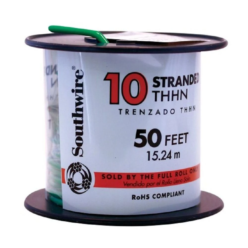 10 Gauge Stranded Building Wire, Green Insulation, 50 Feet Length