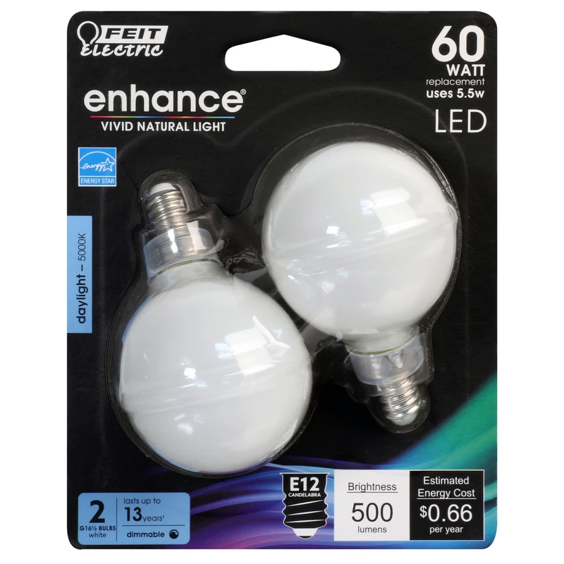 Feit Electric 60-Watt Equivalent G16.5 Candelabra Dimmable Filament ENERGY STAR White Glass LED Light Bulb, Daylight (2-Pack) Feit Electric 60-Watt Equivalent G16.5 Candelabra Dimmable Filament ENERGY STAR White Glass LED Light Bulb, Daylight (2-Pack)