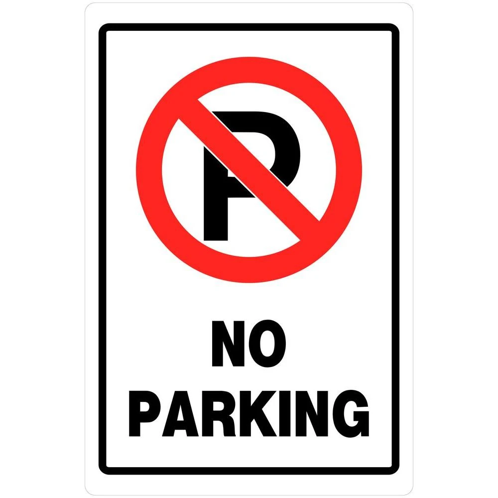 No Parking Sign, Plastic, White Background with Black and Red Text, 12 by 18 Inches