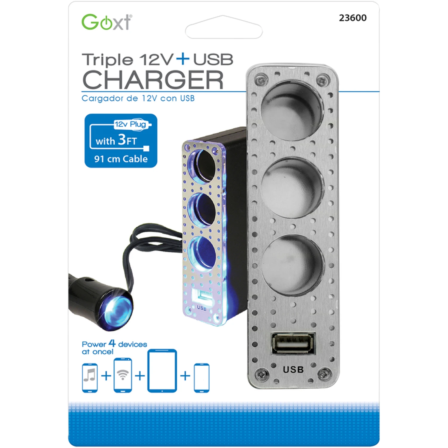 Car Triple-Socket Adapter With USB, Lighted, 12-Volt