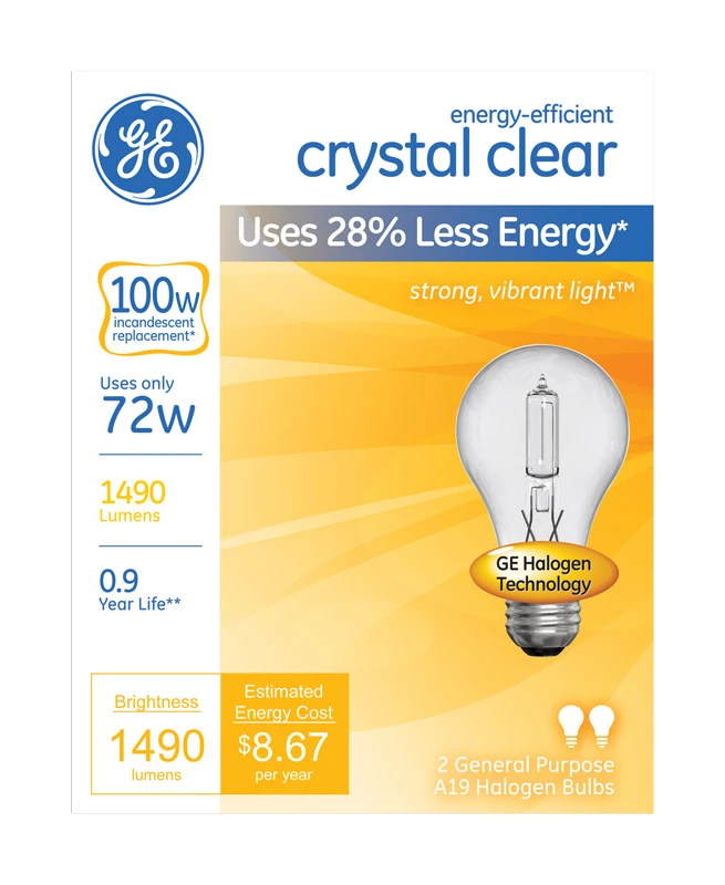 72 Watt Clear Halogen A19 Light Bulbs, 1490 Lumens, 2-pk, Model 78798