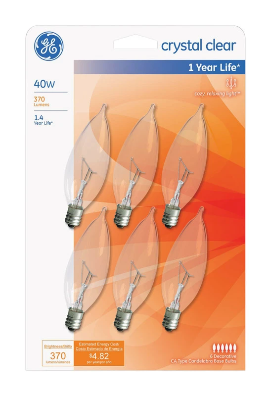 Decorative Light Bulb, Candle Shape, Candelabra Base, 40-Watts, 6-Pk.