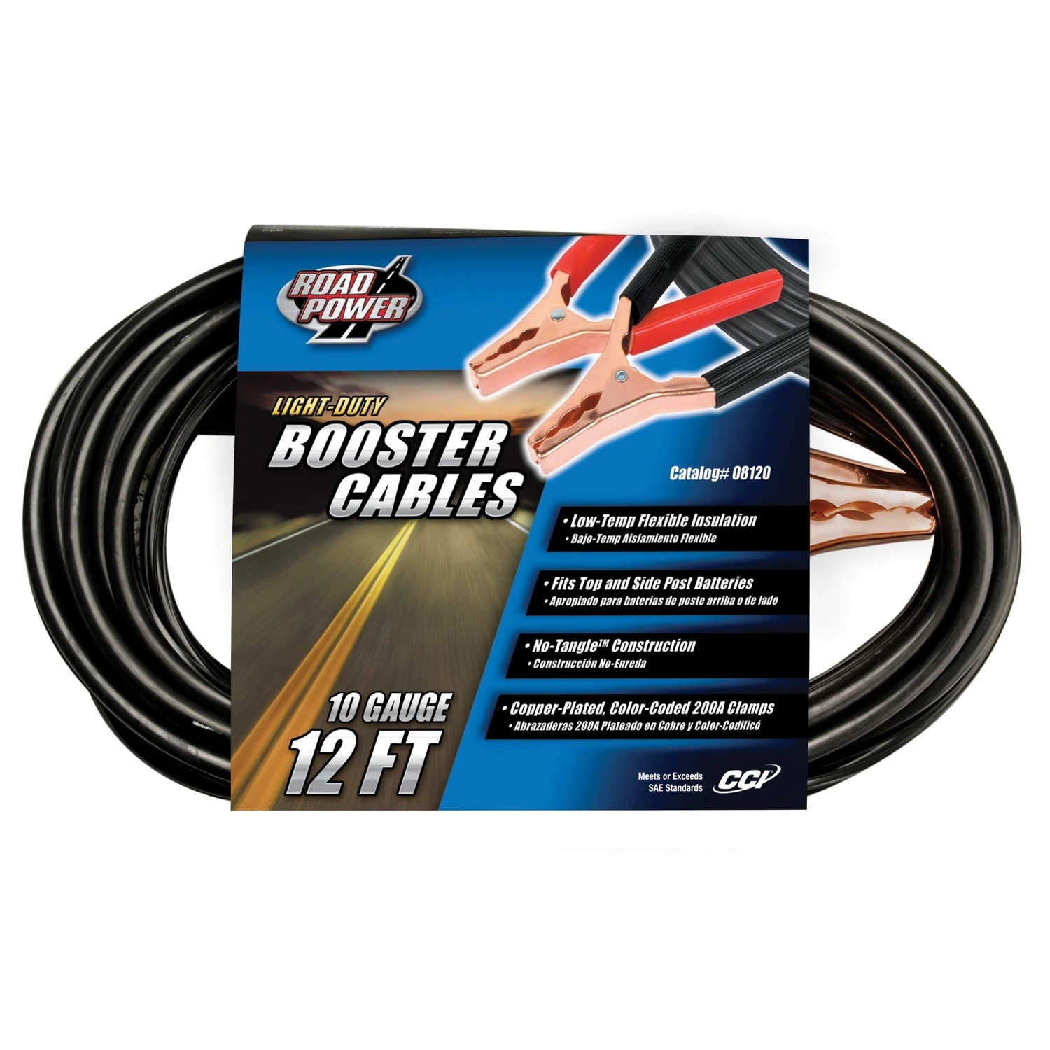 12' 10 Gauge 200 Amp Booster Cable With Copper-plated Clamps