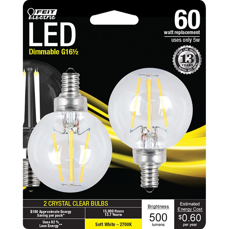 FEIT Electric 6 watts G16.5 LED Bulb 500 lumens Soft White Globe 60 Watt Equivalence