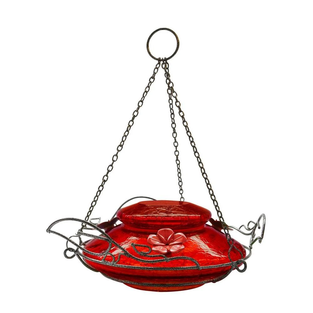 Hummingbird Feeder with Perching Ring, Red Crackle Glass Design