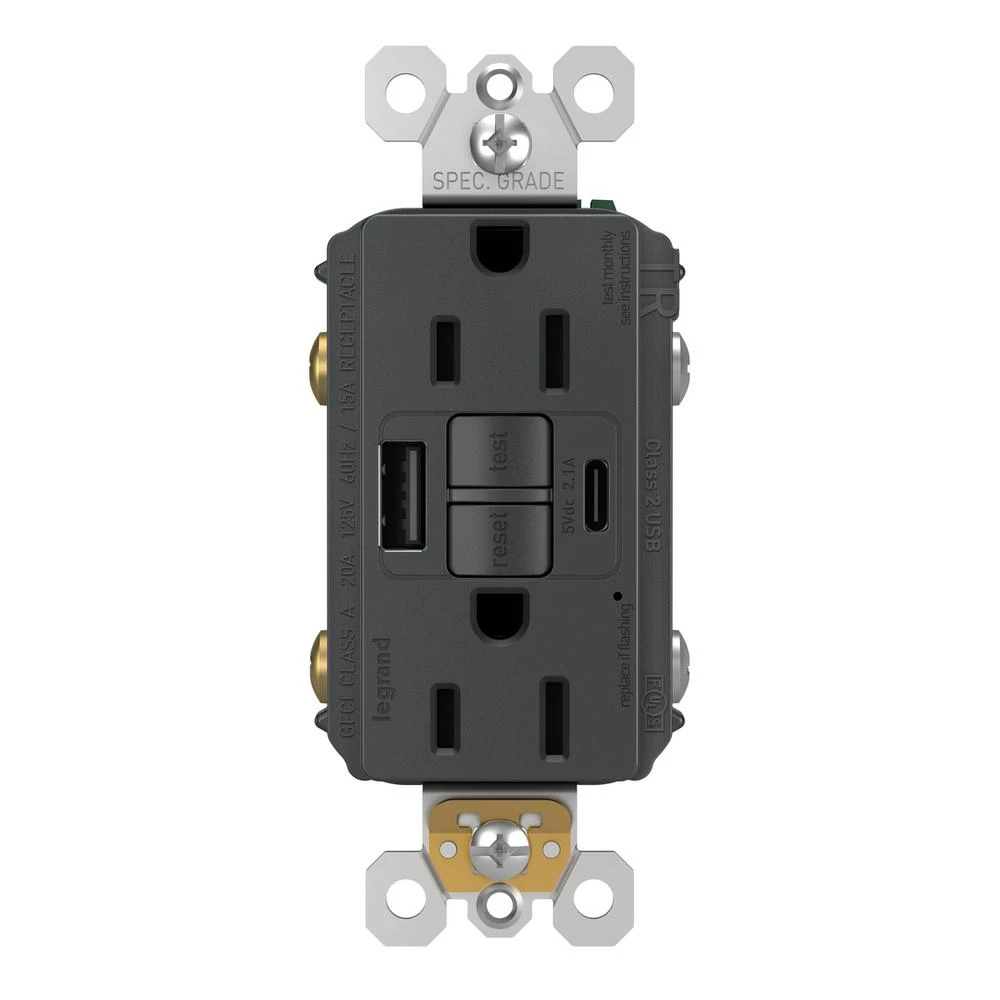 Radiant 15a Tamper-resistant Self-test Gfci Usb Type-a/c Outlet, Graphite