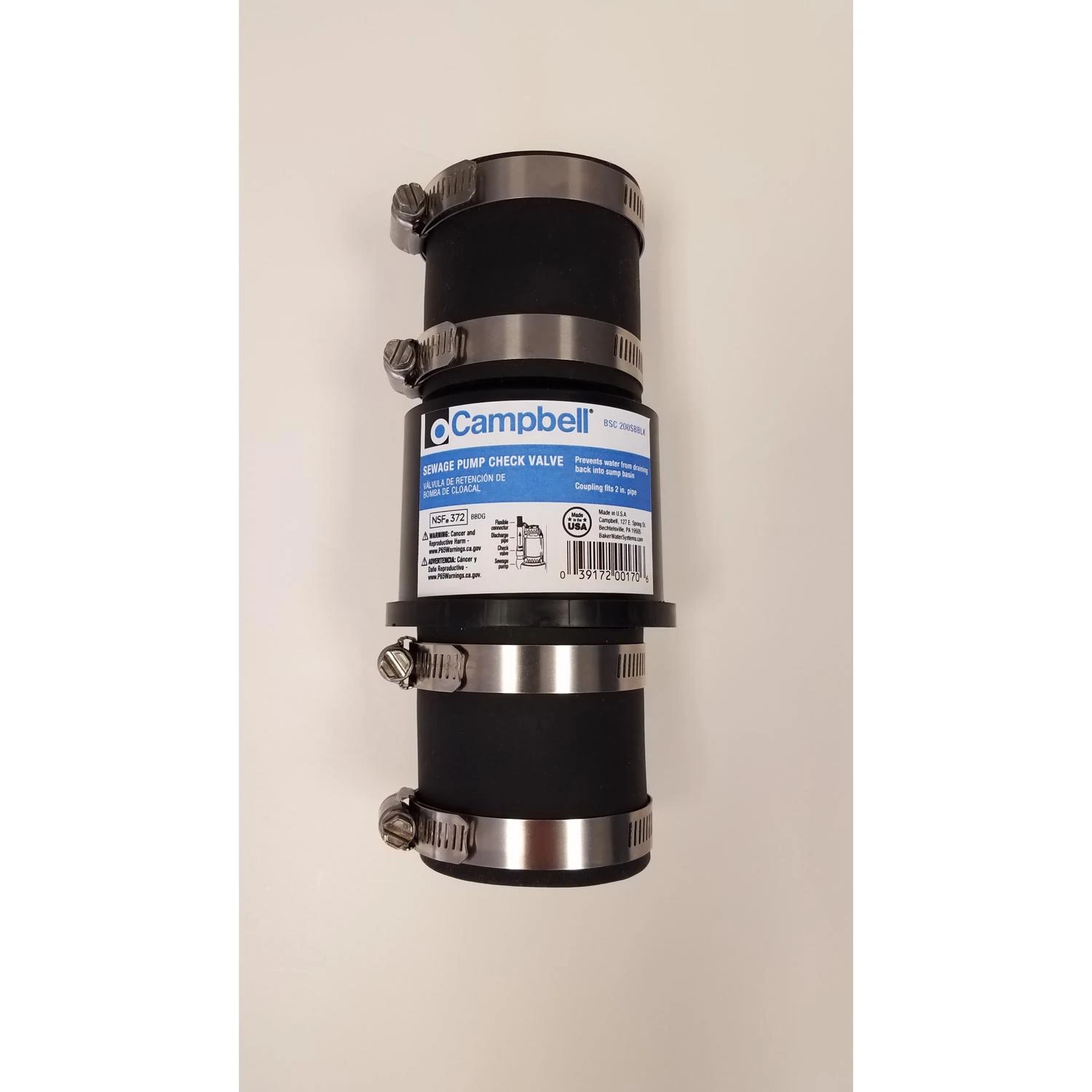 2 In. D X 2 In. D Abs Swing Check Valve With Rubber Sleeves