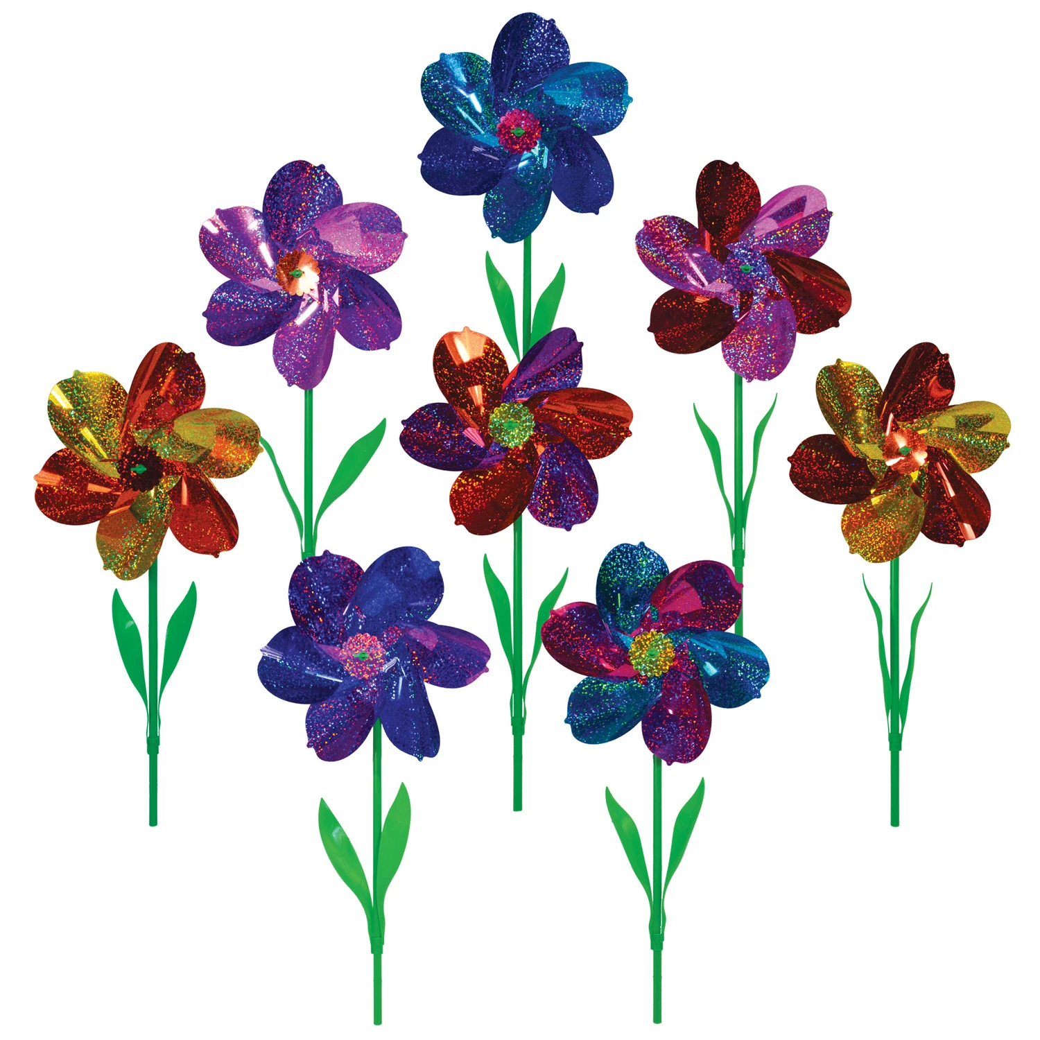 16 In. H Multicolored Mylar Flower Pinwheels Garden Stake Spinner