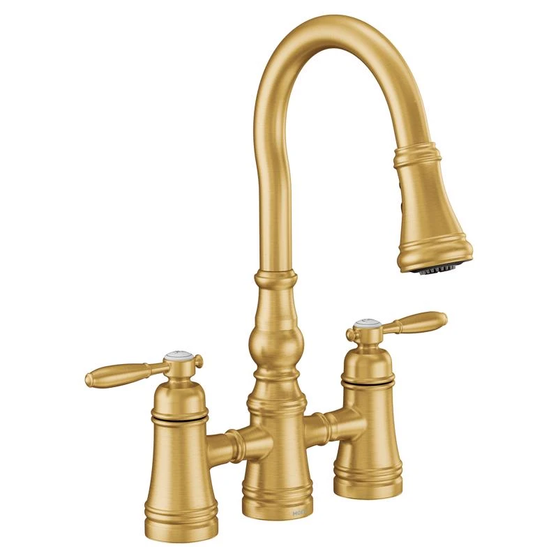 Weymouth Two Handle Brush Gold Pull-down Kitchen Faucet With High Arc Spout
