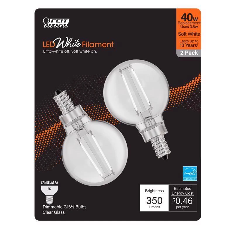 Feit White G16.5 E12 (Candelabra) Filament LED Bulb Soft White 40 Watt Equivalence 2 pk
