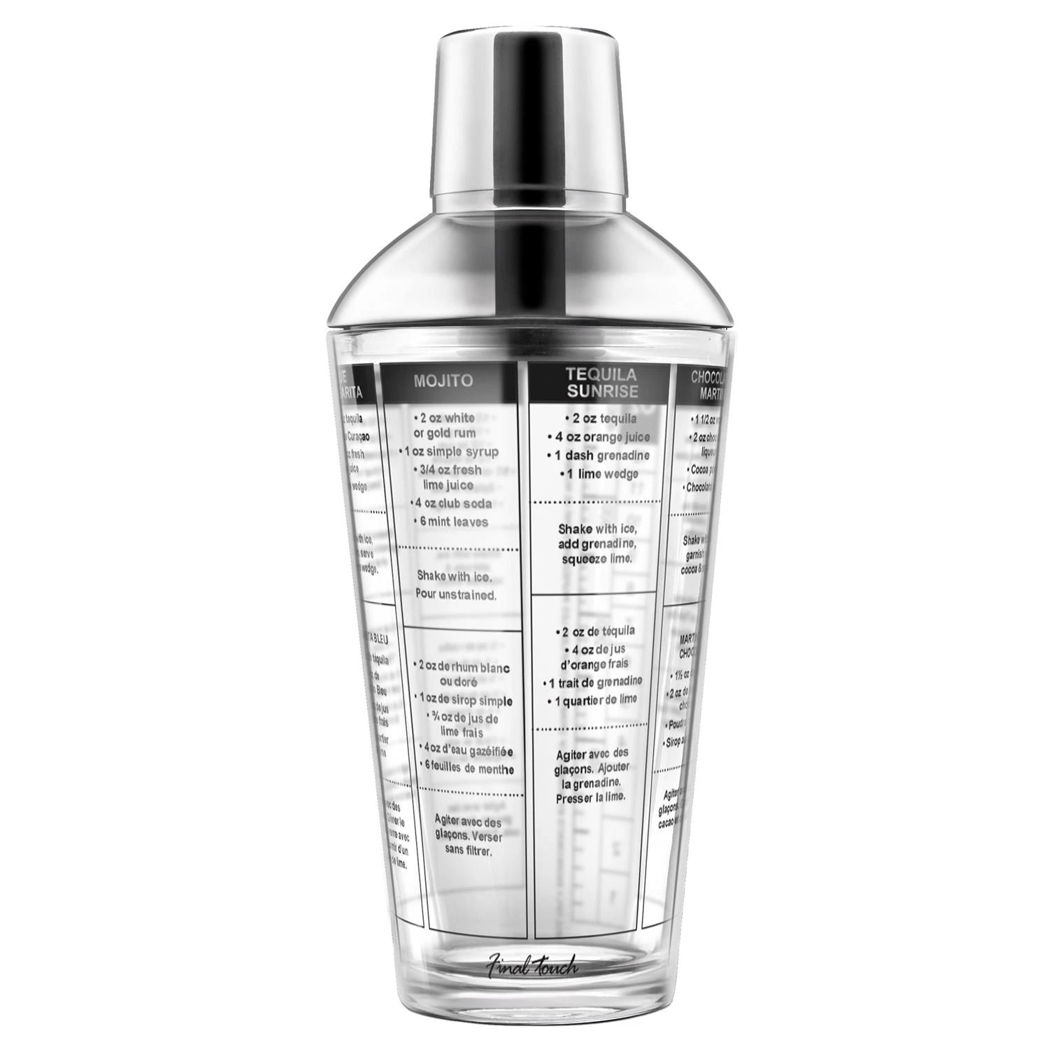 16 Oz Clear Glass And Stainless Steel Cocktail Shaker With Recipes
