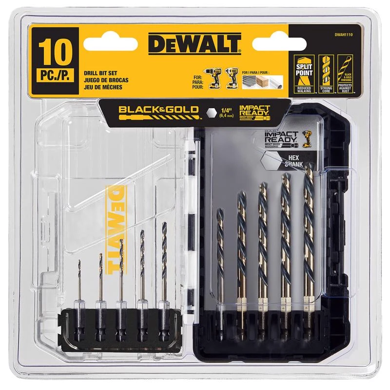 10-Piece Black and Gold High Speed Steel Drill Bit Set with Hex Shank