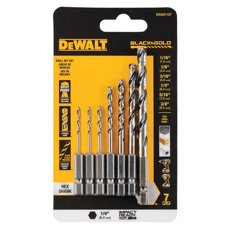 Black & Gold High Speed Steel Impact Ready Drill Bit Set 7 Pieces Hex Shank