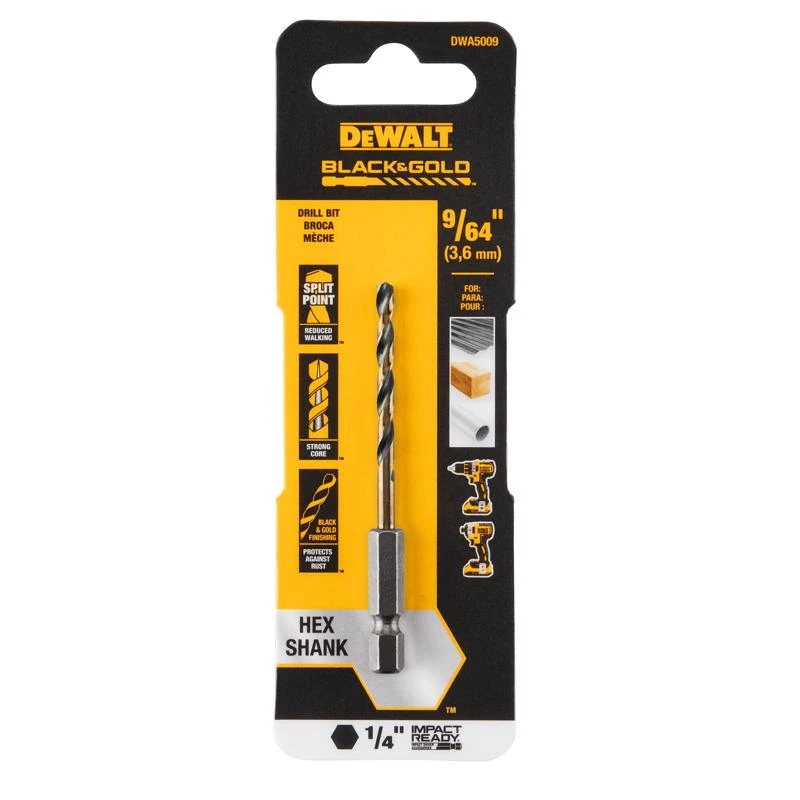 Black & Gold HSS Drill Bit, 1/4 In. Hex Shank, Impact Ready, 9/64 In.