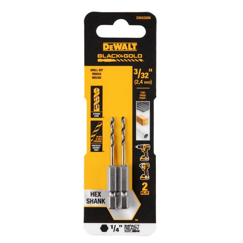 Black and Gold High Speed Steel Drill Bit, 3/32 Inch Diameter, 1/4 Inch Hex Shank, Impact Ready