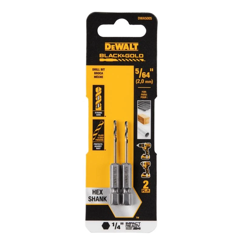 Black and Gold High Speed Steel Drill Bit, 5 by 64 Inch, 1 by 4 Inch Hex Shank, Impact Ready