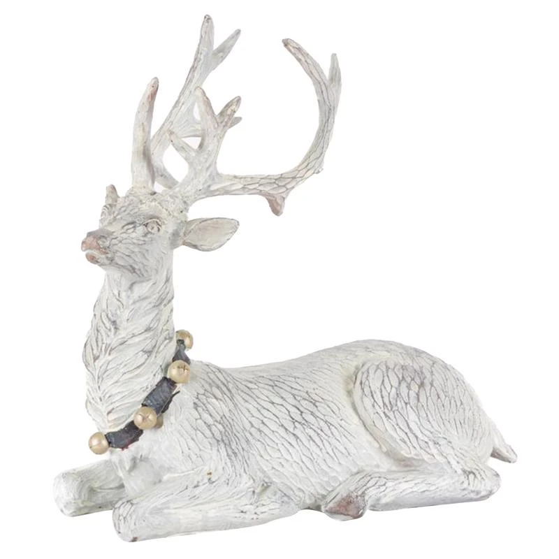 White Laying Holiday Deer Figurine 8 In. - Tabletop Christmas Decor