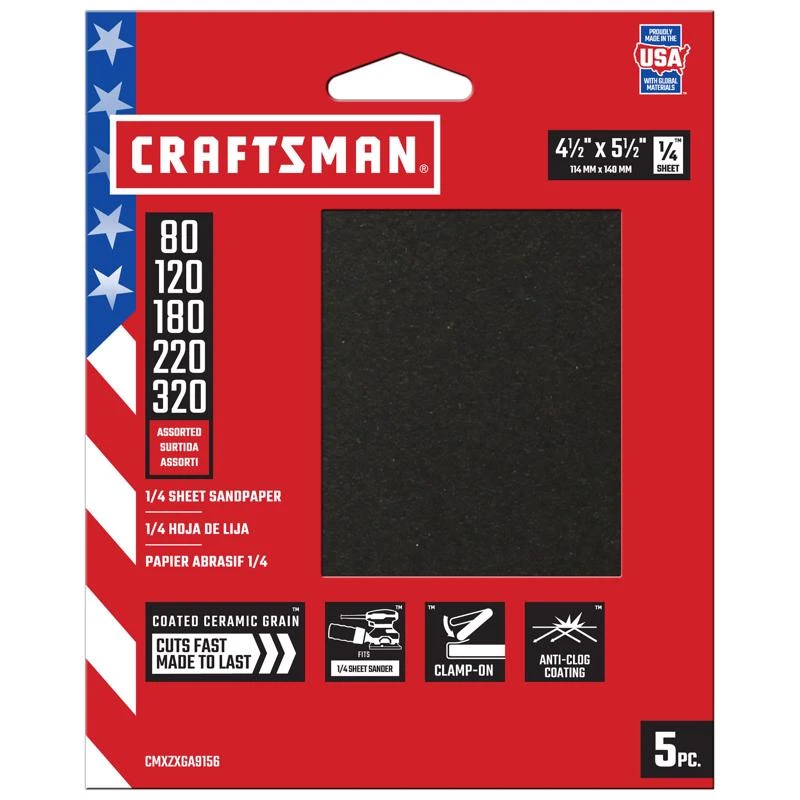 Craftsman 5.5 In. L X 4.5 In. W Assorted Grit Ceramic 1/4 Sheet Sandpaper 5 Pk