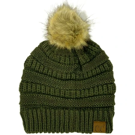 Fur Pom Winter Fall Trendy Chunky Stretchy Cable Knit Beanie Hat Solid Moss