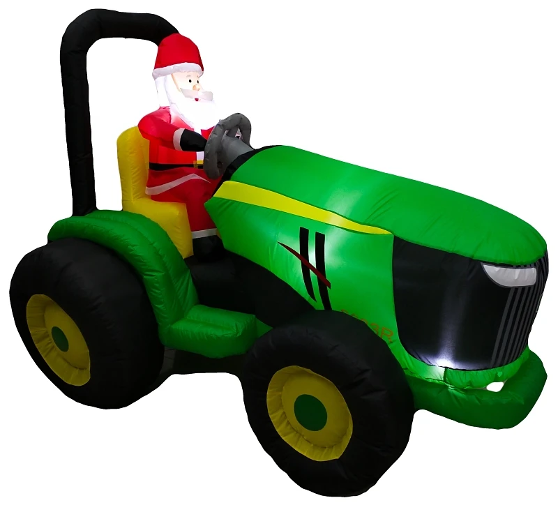 6 Foot Inflatable Santa Riding Tractor In Green And Yellow For Holiday Decor