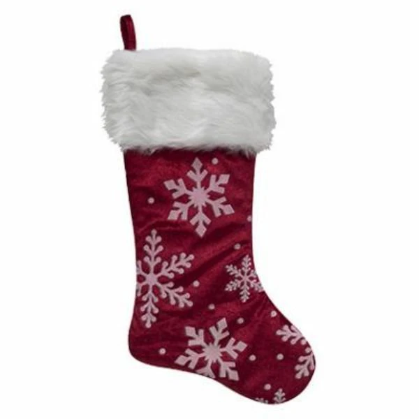 Red Velvet Stocking with White Snowflake Print, 20 Inch Length