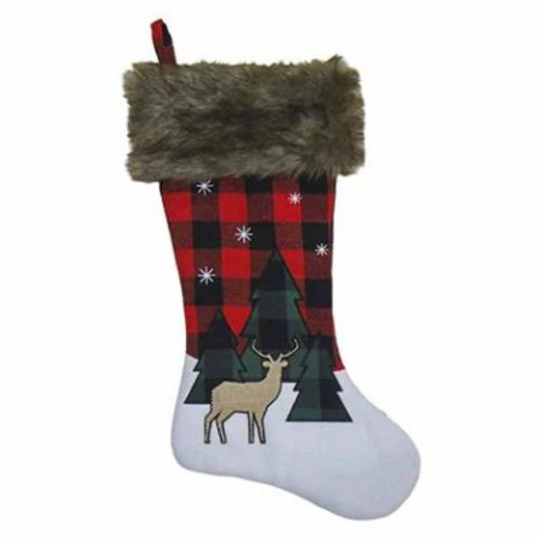 20-inch Red/black Plaid Stocking With Faux Fur Cuff And Winter Scene