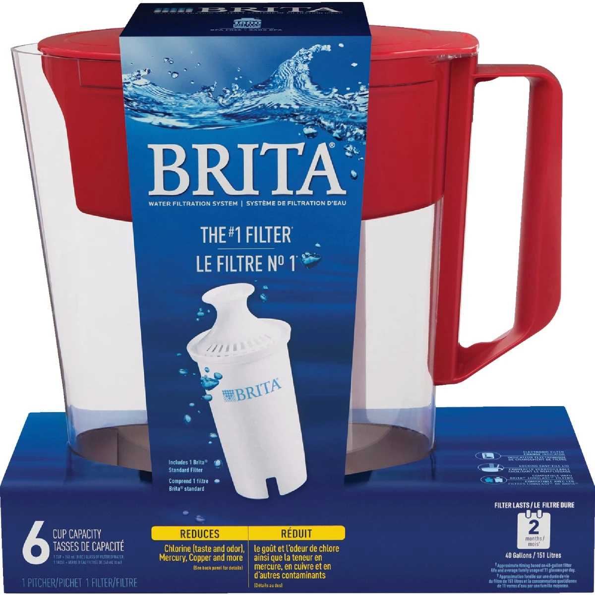6-cup Red Water Filter Pitcher With Electronic Indicator And Locking Lid