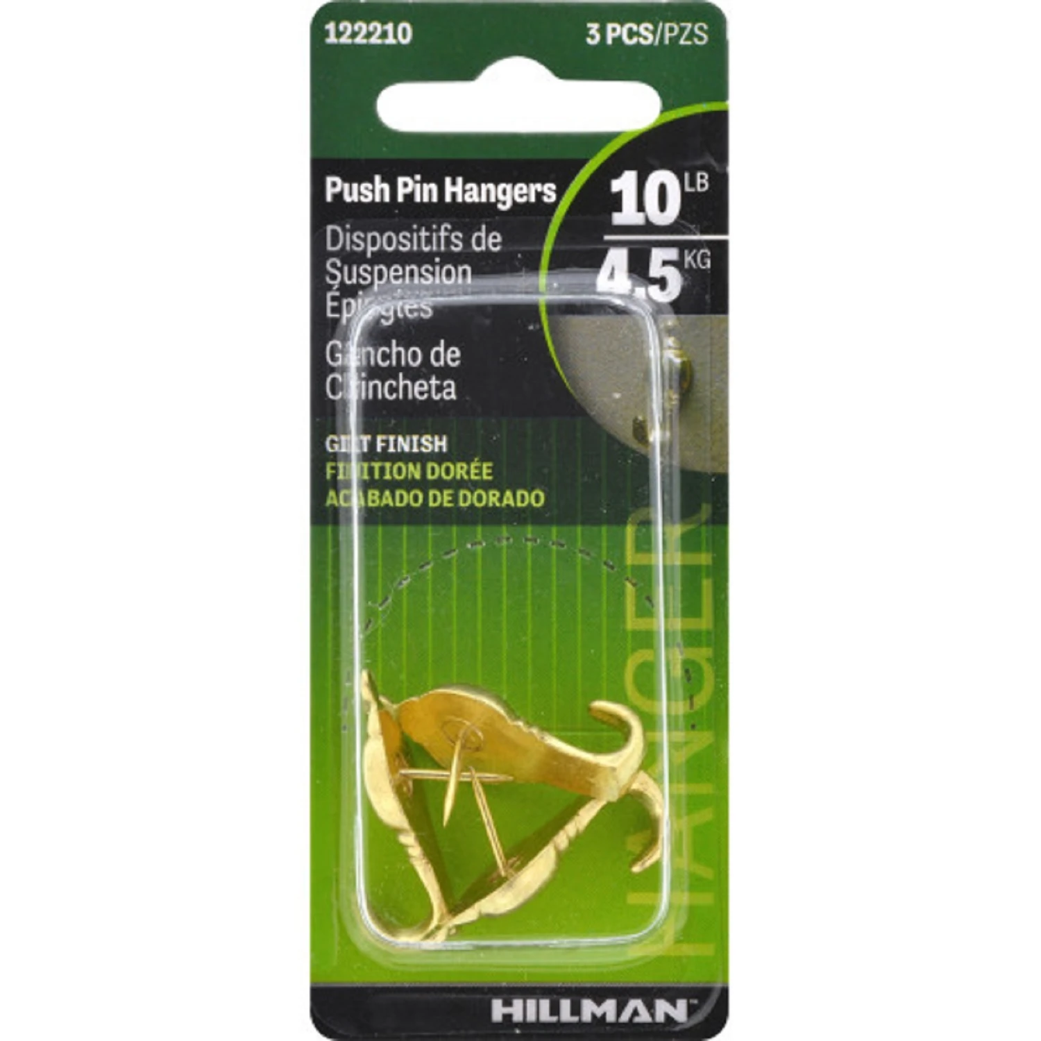 HILLMAN Gilt Gold Push Pin Picture Hook 10 lb 3 pc