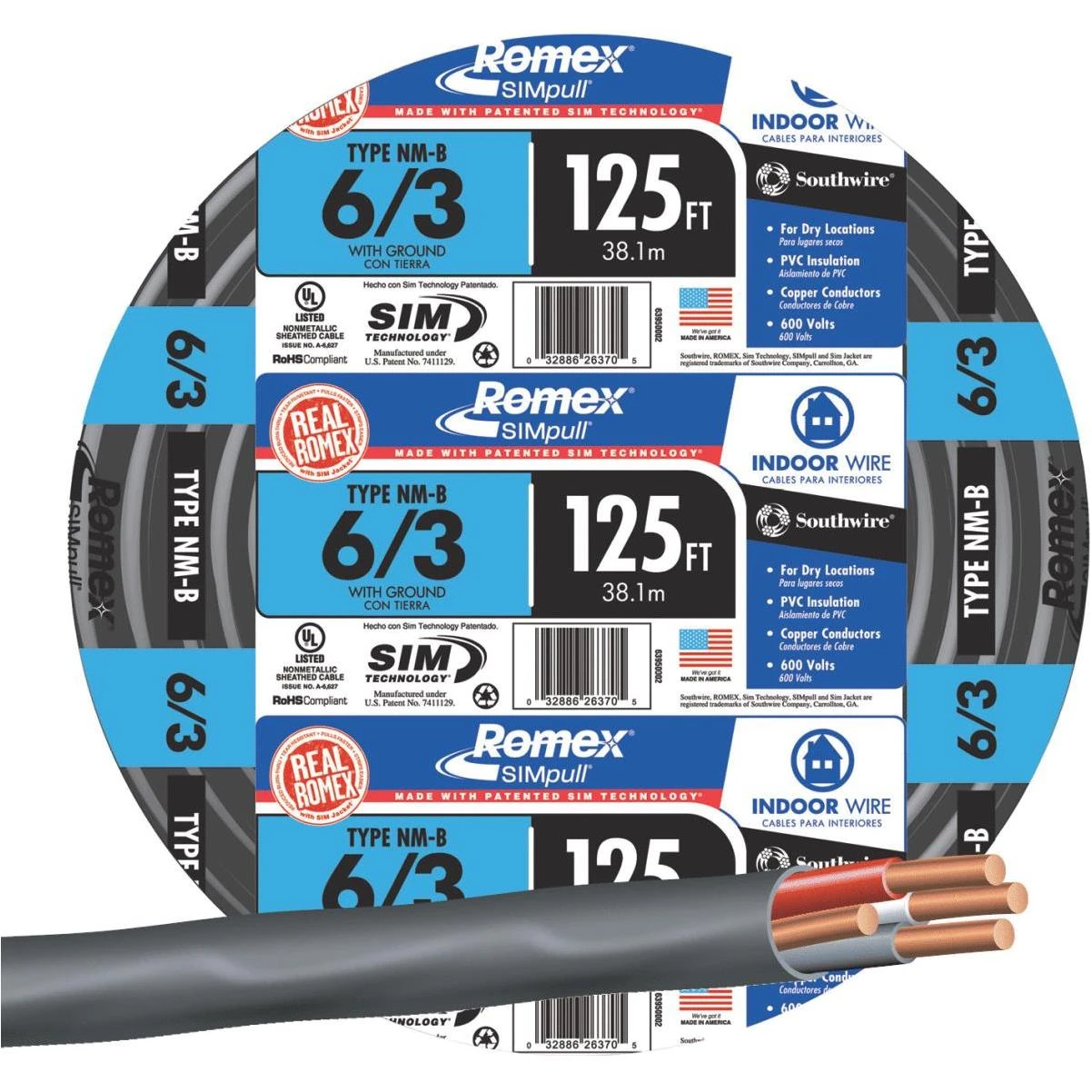 125 Feet 6/3 Stranded Black Nmw/g Electrical Wire For Residential And Commercial Use