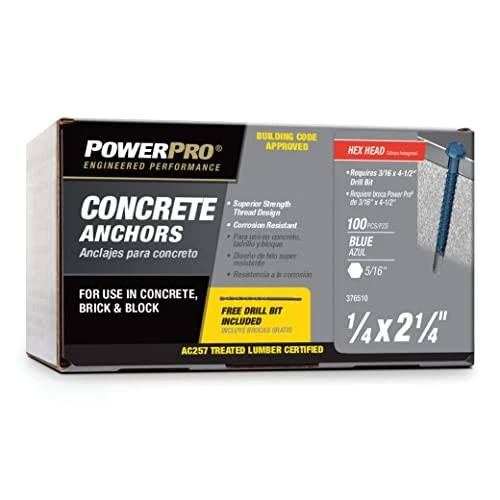 100 Pack 1/4" X 2-1/4" Hex Concrete Screws For Secure Anchoring