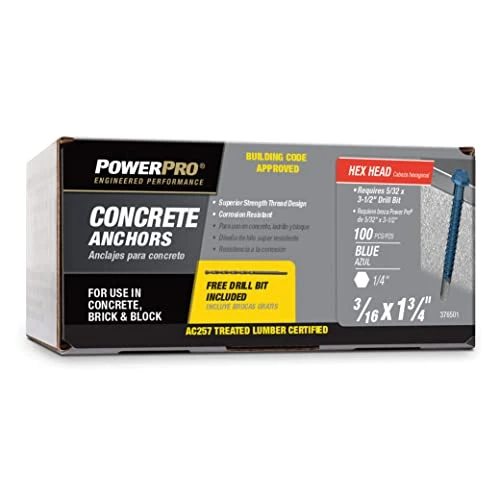 100 Pack 3/16 Inch X 1 3/4 Inch Hex Head Concrete Screws