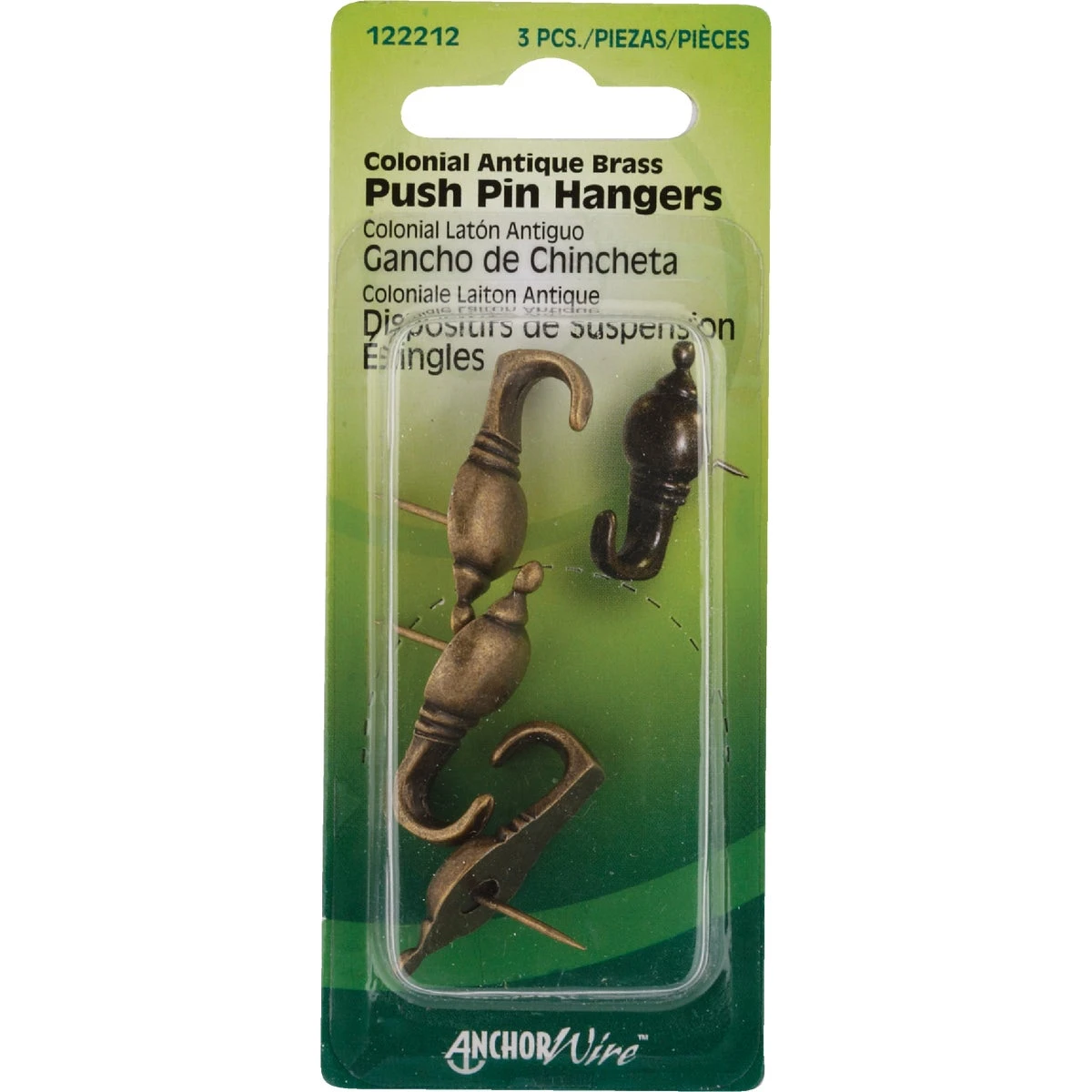 Push Pin Hangers, Colonial, Antique Brass, 3-Pk.